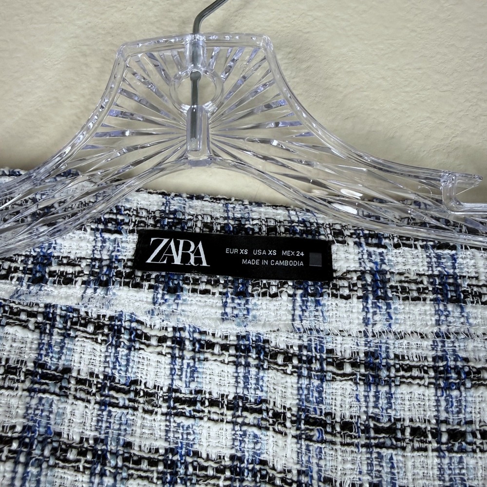 Zara Top Womens XS Blue White Plaid Tweed Off Shoulder Double Breasted Crop - Picture 3 of 4